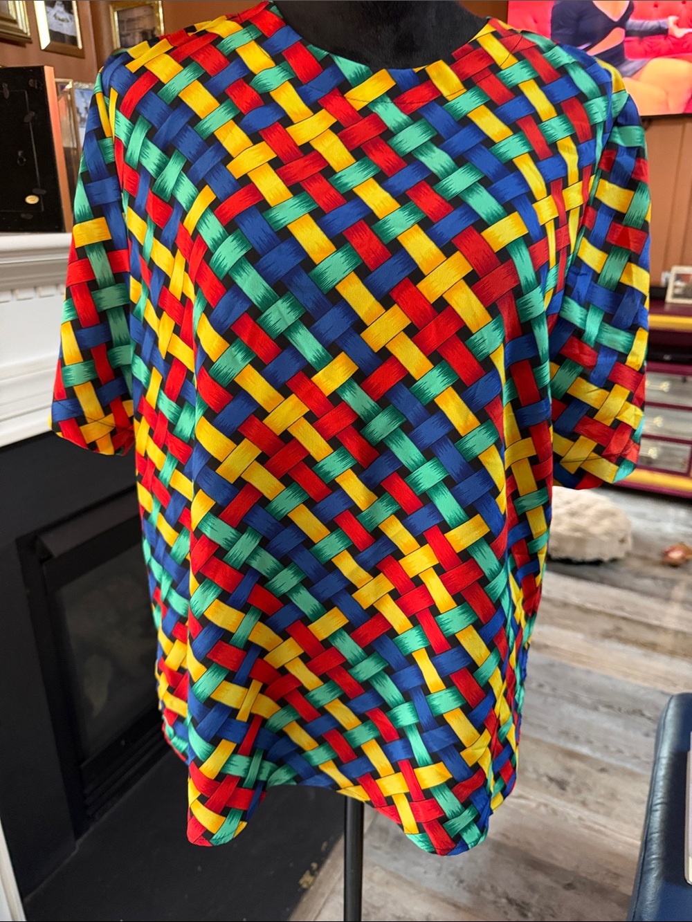 Vintage Kathy Che Bold Multicolor Woven-Pattern Short Sleeve Top